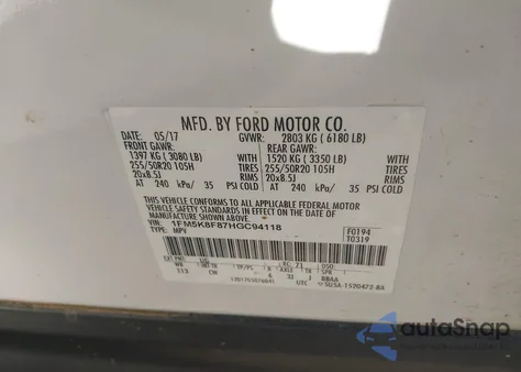 2017 Ford Explorer Limited from USA, damaged, VIN 1FM5K8F87HGC94118